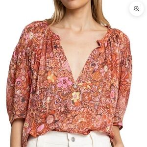 A.L.C. 6 Julianna Sorbet Multi Floral Cotton Silk Top pink Brown great condition